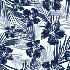 Panele Szklane Podświetlane  Tropikalne bezszwowe monochromatyczne niebieskie tło kamuflażu indygo z liśćmi i kwiatami