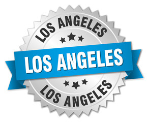 Los Angeles round silver badge with blue ribbon