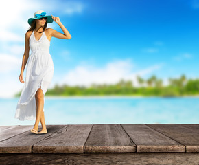 Empty wooden planks with woman in dress