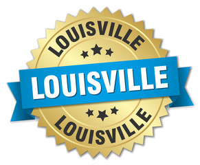 Louisville round golden badge with blue ribbon