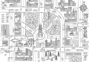 Black and white cartoon city for adult coloring