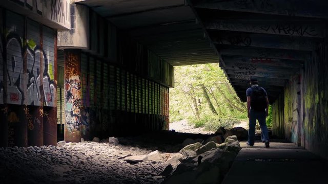 Man Walking Beneath Overpass With Graffiti