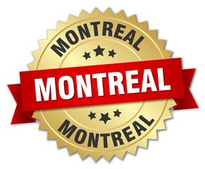 Montreal round golden badge with red ribbon