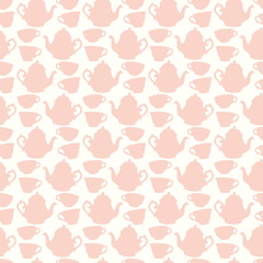 Seamless pattern with decorative cups and teapots