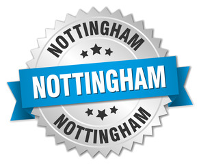 Nottingham round silver badge with blue ribbon