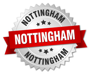 Nottingham round silver badge with red ribbon