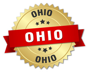 Ohio round golden badge with red ribbon