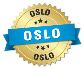 Oslo round golden badge with blue ribbon