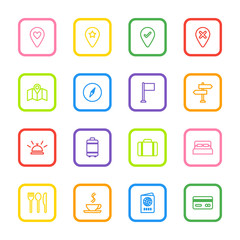 colorful line travel icon set with rounded rectangle frame for web design, user interface (UI), infographic and mobile application (apps)