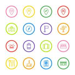 colorful line travel icon set with circle frame for web design, user interface (UI), infographic and mobile application (apps)