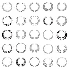 Circular laurel foliate and wheat wreaths, set of black silhouette, isolated on white background, vector illustration.