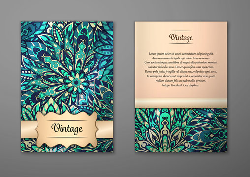 Vintage cards with Floral mandala pattern and ornaments.