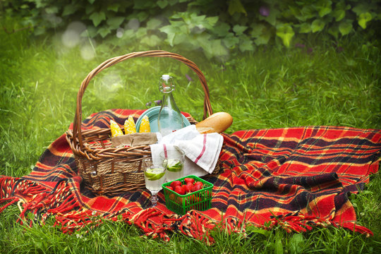 Picnic basket with berries, lemonade, corn and bread.