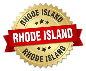Rhode Island round golden badge with red ribbon