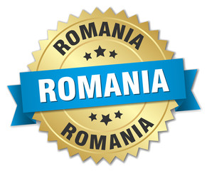Romania round golden badge with blue ribbon