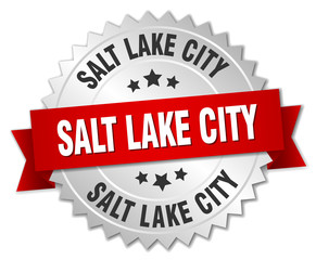 Salt Lake City  round silver badge with red ribbon