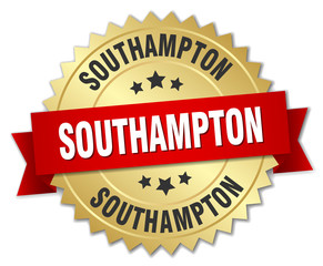 Southampton round golden badge with red ribbon