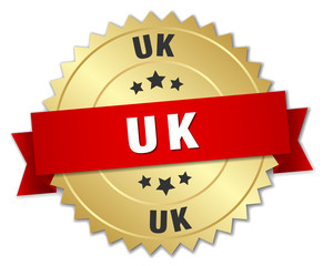 uk round golden badge with red ribbon
