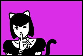 シークレットパーティへの招待 / 猫の仮装をした女性が人差し指を口にあてる / ベクターイラストレーション  