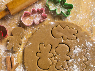image of gingerbread cookies dough and cookie cutter.