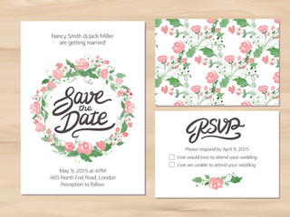 Wedding set with watercolor flowers and hand drawn lettering