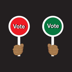 Hands holding Vote paddles, vector illustration