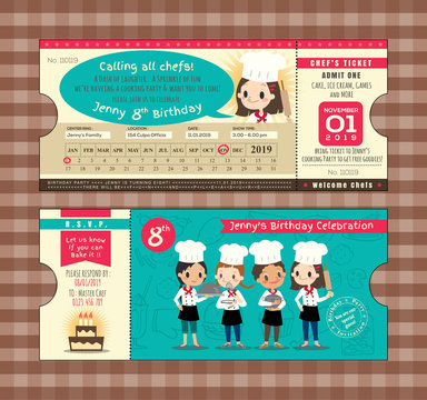 Boarding Pass Ticket Birthday card Template with chefs cooking theme