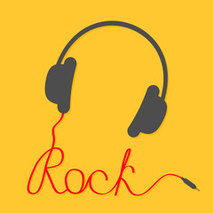Black headphones with red cord in shape of word rock. Music card. Flat design icon. Yellow background.