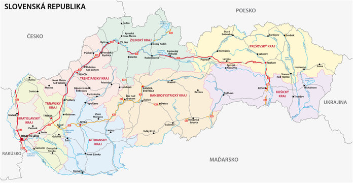 Road And Administrative Map Of The Slovak Republic In Slovak Language