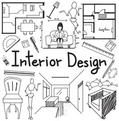 Interior design and building blueprint profession and education handwriting doodle tool sign and symbol in white isolated background paper for subject or presentation title, create by vector 