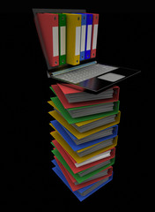 Colorful folders next to a modern laptop on a black background