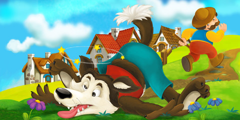 Cartoon scene of a wolf that was beaten up by a farmer - illustration for children