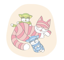 Sleeping Cat's mom and playing kittens