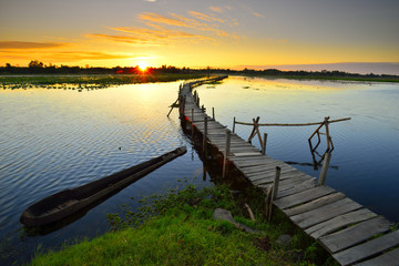Architecture Bridge with morning sun. Kae Dam District, Maha Sarakham, Thailand. 