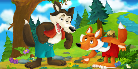 Cartoon scene of a wolf talking to the fox in the forest - illustration for children