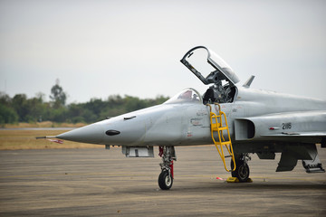F 5 military aircraft parked in the airport and flight show at Wing 21, Ubon Ratchathani  Thailand. on January 9, 2016
