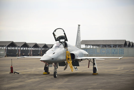 F 5 military aircraft parked in the airport and flight show at Wing 21, Ubon Ratchathani  Thailand. on January 9, 2016
