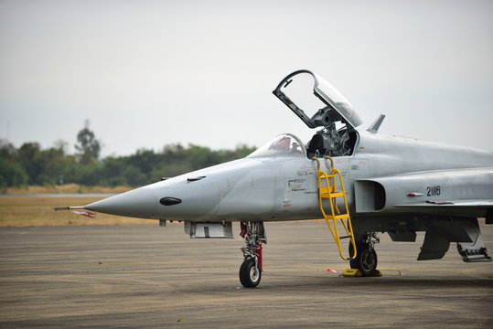 F 5 military aircraft parked in the airport and flight show at Wing 21, Ubon Ratchathani  Thailand. on January 9, 2016
