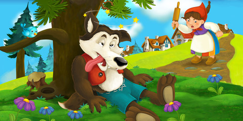 Cartoon scene of a wolf resting under the tree after he was beaten up by a woman - illustration for the children
