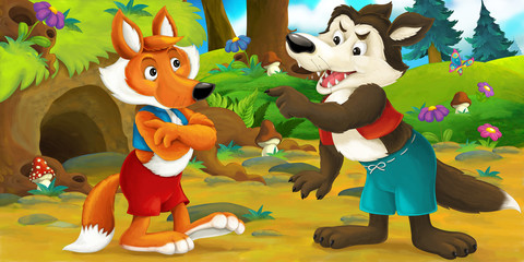 Cartoon scene of a wolf visiting fox - they are talking - illustration for children