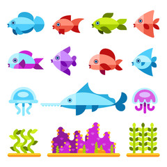 Naklejka premium Flat marine animals vector icons. Fish sea, icon fish animal, marine fish illustration