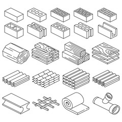 Building construction materials. 3D isometric icons. Material iron construction, roof material for construction, construction supplies. Vector illustration