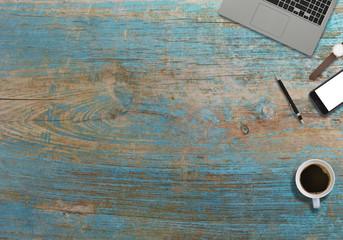 Office business desk workspace mock up image. Wooden background
