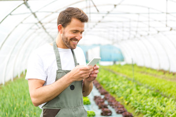 Portrait of an attractive farmer in a greenhouse using mobile