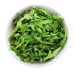 Bowl with fresh green salad arugula isolated on white background