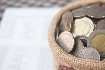 Coins in bag on white background