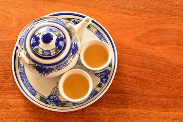 Tea set on the wooden floor .