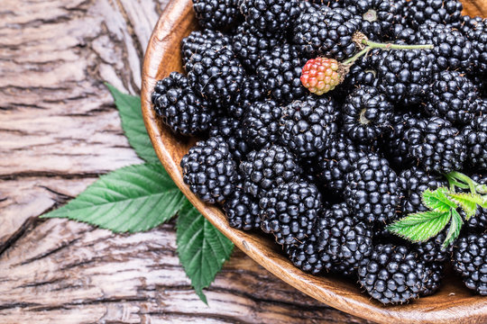 Blackberries in the wooden bowl.