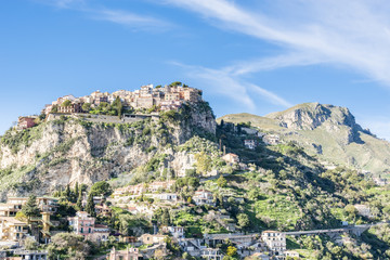 Obraz premium Panoramic view of the amazing town Castelmola. Taormina. Province of Messina. Sicily, Italy.