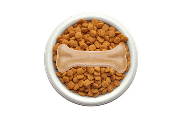Dry dog food and bone in plate isolated on white background